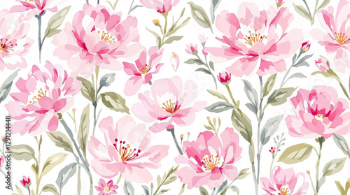 Pink abstract watercolor flowers seamless pattern transparent background
