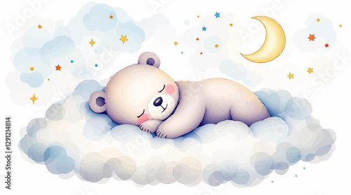 Cute teddy bear sleeps on a cloud, watercolor on a white isolated background