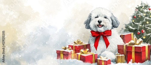 Adorable Old English Sheepdog Dressed with a Big Red Ribbon Showcasing Its Fluffy Coat and Playful Personality in a Charming Outdoor Setting Perfect for Pet Lovers and Dog Enthusiasts