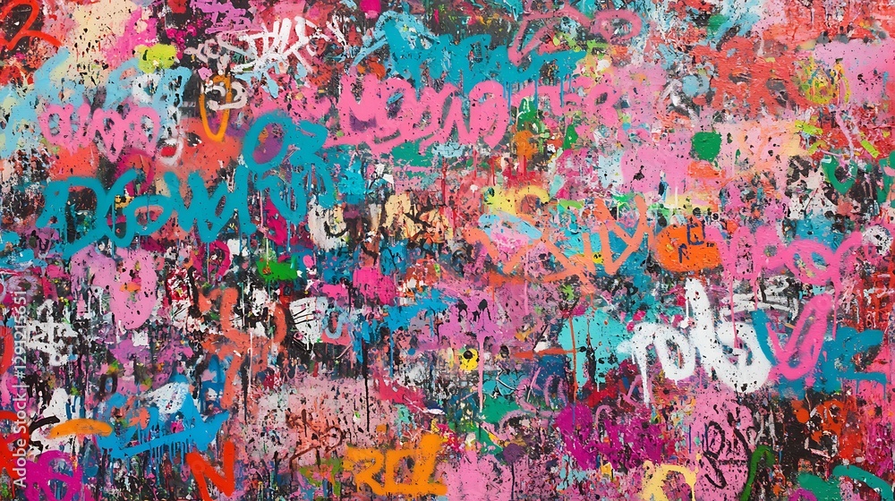 Fototapeta premium Colorful graffiti art on a wall, vibrant background, used for urban design