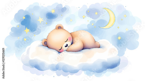 Cute teddy bear sleeps on a cloud, watercolor on a white isolated background	