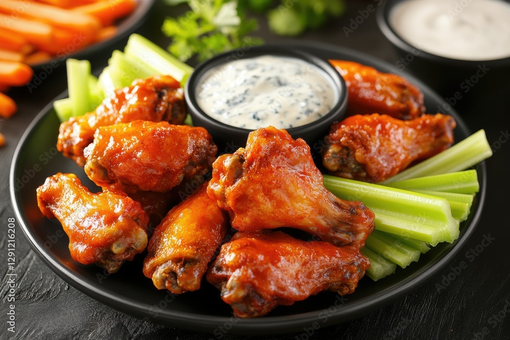 Fototapeta premium Savory Buffalo Wing Delight: Crispy Chicken Wings Paired with Creamy Blue Cheese Dip, Fresh Celery and Carrots for the Ultimate American Party Snack
