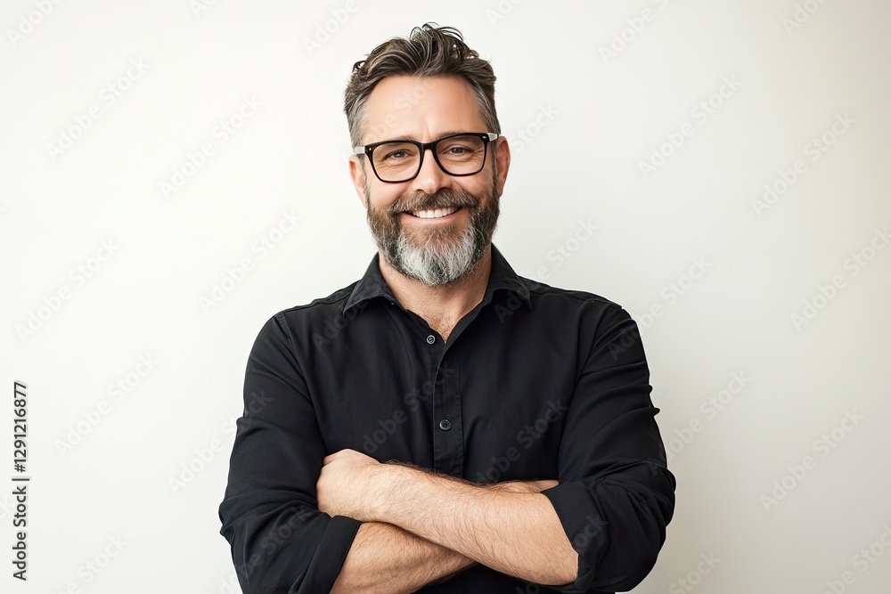 Smiling man in black shirt, arms crossed, studio portrait Smiling man in black shirt, arms crossed, studio portrait