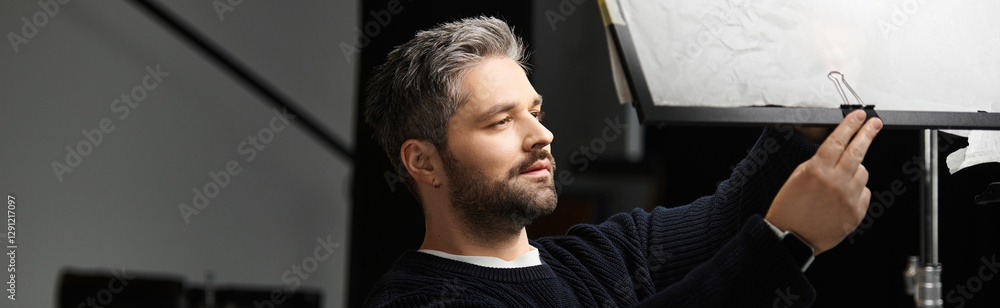 Fototapeta premium Creative professional adjusting lighting setup for a striking visual composition