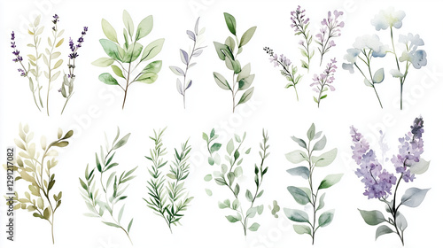 Wallpaper Mural Minimalist Watercolor Herbs and Wildflowers ミニマリスト水彩のハーブと野花 Torontodigital.ca