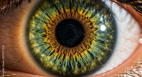 Macro view shows a human eye with green and gold