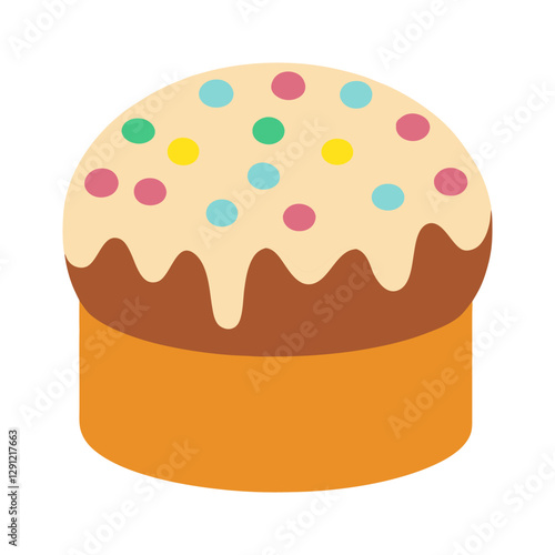 Traditional Easter cake with icing and sprinkles. Easter celebration design for greeting card, invitation, poster.  Vector illustration on white background 