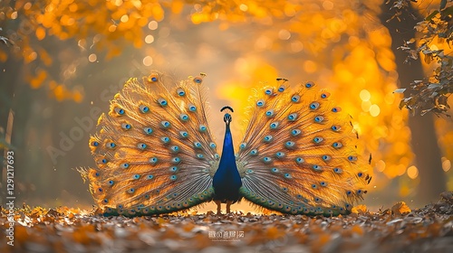 Majestic peacock displays plumage in autumnal park photo