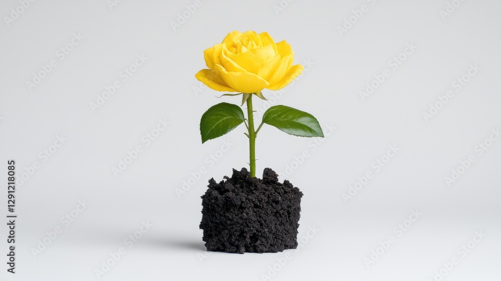 Yellow rose in soil, studio shot, simple, natural, growth, focus on bloom, minimal background Yellow rose in soil, studio shot, simple, natural, growth, focus on bloom, minimal background