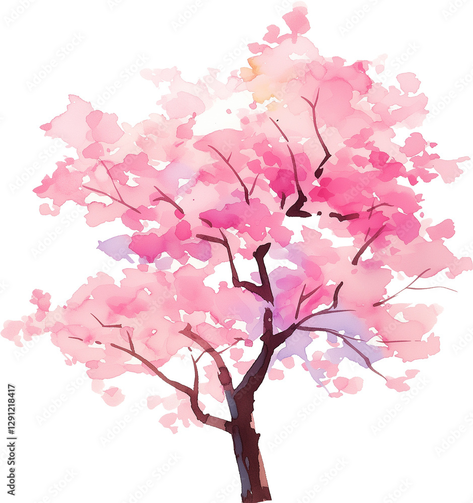 Fototapeta premium Cherry blossom tree watercolor painting isolated on transparent background.