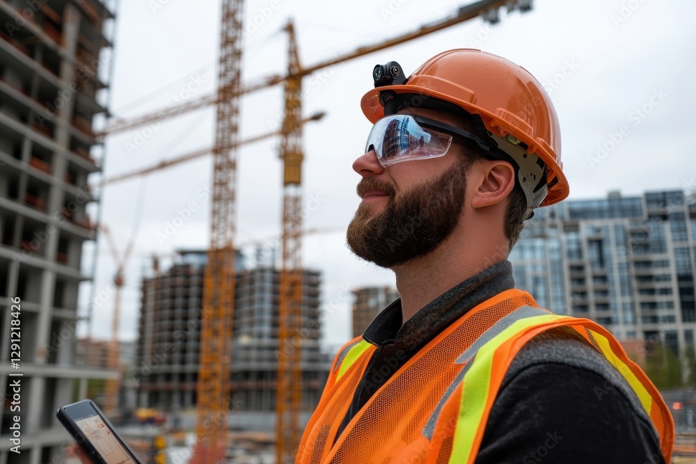 A construction manager in safety gear oversees a bustling building site, illustrating leadership and vigilance during a major urban construction project. A construction manager in safety gear oversees a bustling building site, illustrating leadership and vigilance during a major urban construction project.