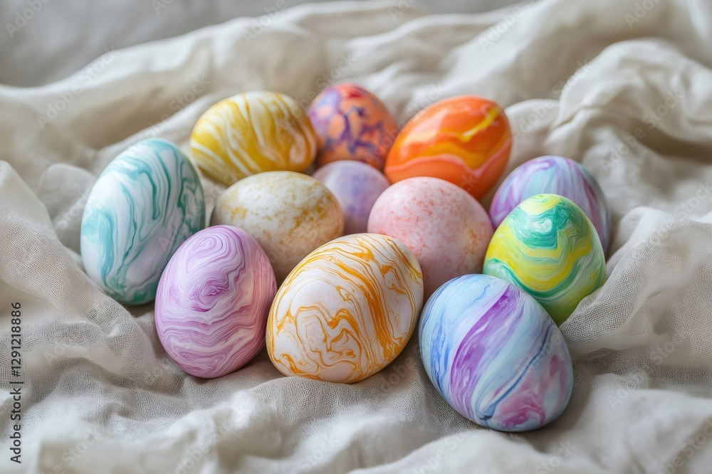 Obraz premium Collection of colorful marble patterned Easter eggs resting on a soft, textured fabric, showcasing intricate designs and vibrant hues