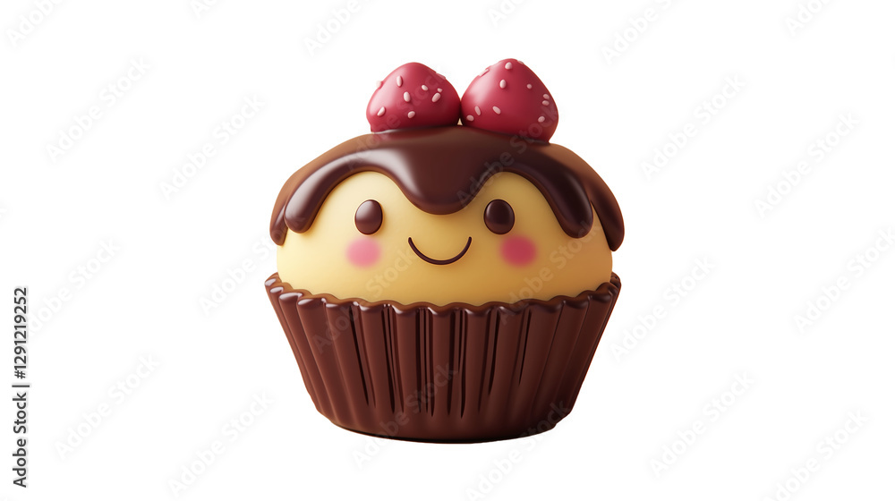 Cute cupcake with chocolate and cream, chibi-style character, simple background, 3D rendering, clay texture, soft lighting, cute cartoon design, transparant background Cute cupcake with chocolate and cream, chibi-style character, simple background, 3D rendering, clay texture, soft lighting, cute cartoon design, transparant background