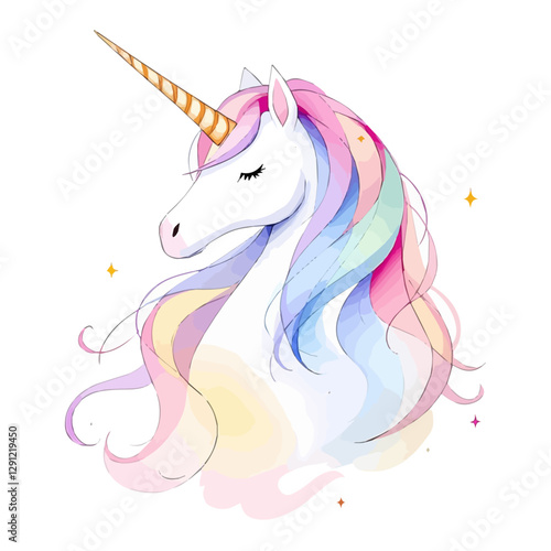 Isolated cute watercolor unicorn and stars clipart. Nursery unicorns illustration. Princess unicorns poster. Trendy pink cartoon horse.