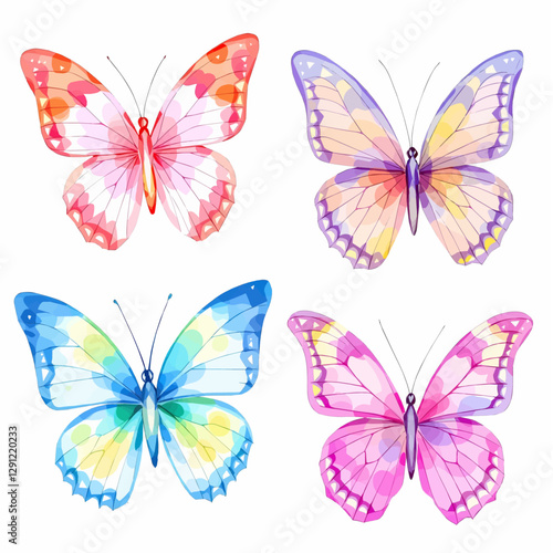 Butterfly collection. Watercolor illustration. Colorful butterflies clipart set. Baby shower design elements. Party invitation, birthday celebration. Spring, summer decor