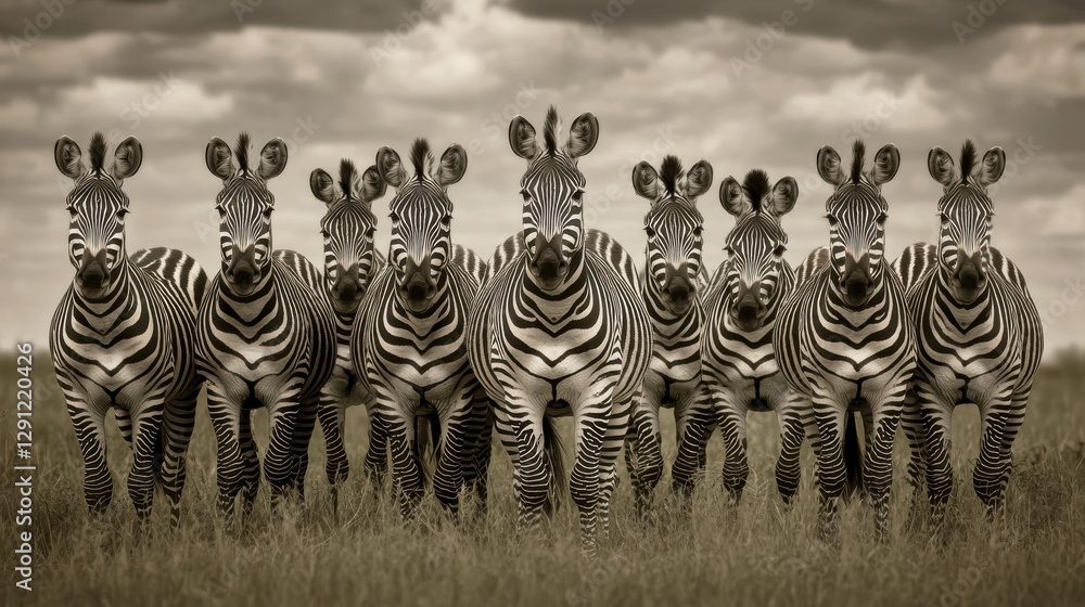 Fototapeta premium A Group Of Zebras Stands In The Savanna