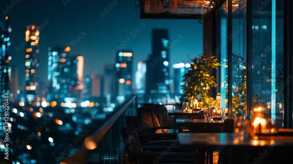 Naklejka premium Blurred background of a rooftop restaurant with a city view at night, a panoramic banner for design. Blurred bokeh from lights in an urban outdoor cafe bar or lounge on the roof