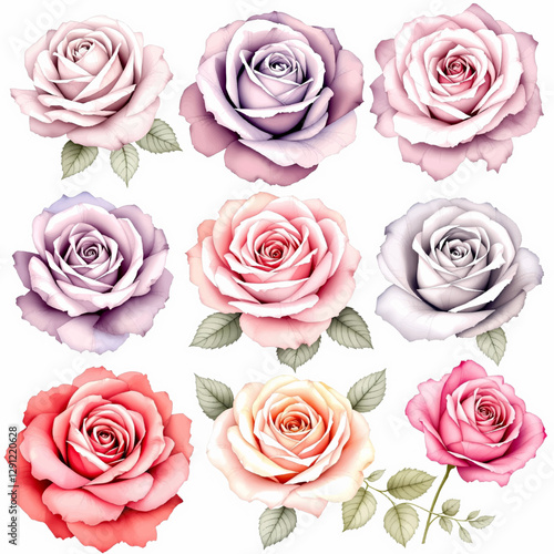 Watercolor Rose set, hand-painted pink flowers realistic for creative project, decor and design