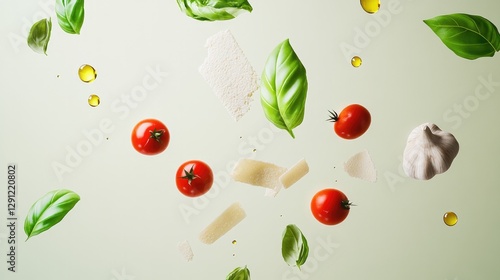 Fresh ingredients suspended in mid-air create vibrant culinary s