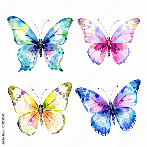 Butterfly collection. Watercolor illustration. Colorful butterflies clipart set. Baby shower design elements. Party invitation, birthday celebration. Spring, summer decor