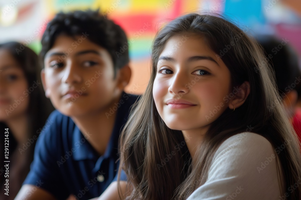 Obraz premium Hispanic students engaging in a cultural exchange program, collaborating in a vibrant classroom filled with learning and diversity