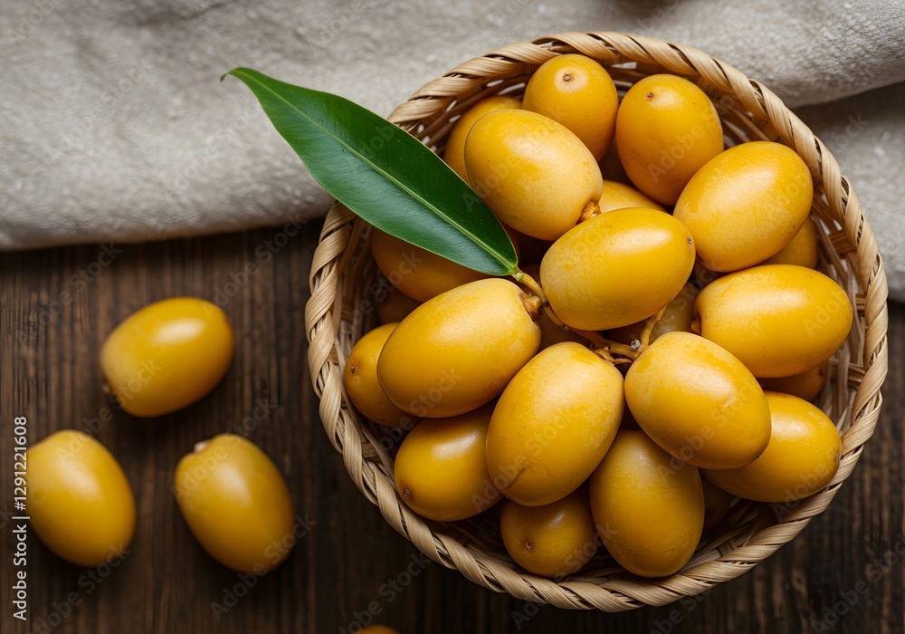 Fresh ripe yellow dates in a woven basket on a rustic wooden table.