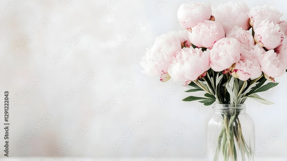 Fototapeta premium Pink peonies in glass vase on white table against soft window light. . Wedding decoration. Mother's Day, Valentine's Day, Women's Day card template and wedding content. Horizontal banner, copy space