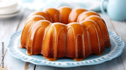 Glazed Bundt cake on plate, light wood background for celebrations and desserts