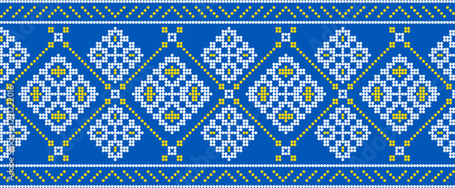 Traditional Ukrainian embroidery pattern with cross-stitch elements. Folk ornamental design inspired by authentic Ukrainian vyshyvanka motifs, perfect for textiles, backgrounds