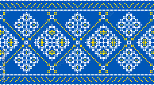 Traditional Ukrainian embroidery pattern with cross-stitch elements. Folk ornamental design inspired by authentic Ukrainian vyshyvanka motifs, perfect for textiles, backgrounds