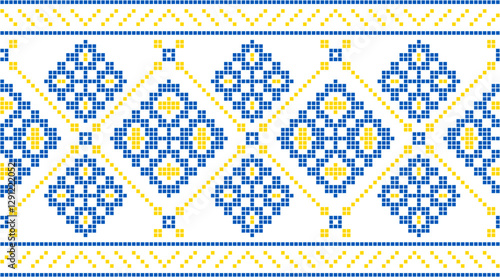 Traditional Ukrainian embroidery pattern with cross-stitch elements. Folk ornamental design inspired by authentic Ukrainian vyshyvanka motifs, perfect for textiles, backgrounds