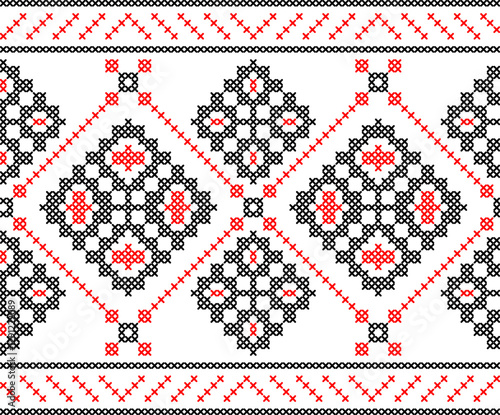 Traditional Ukrainian embroidery pattern with cross-stitch elements. Folk ornamental design inspired by authentic Ukrainian vyshyvanka motifs, perfect for textiles, backgrounds