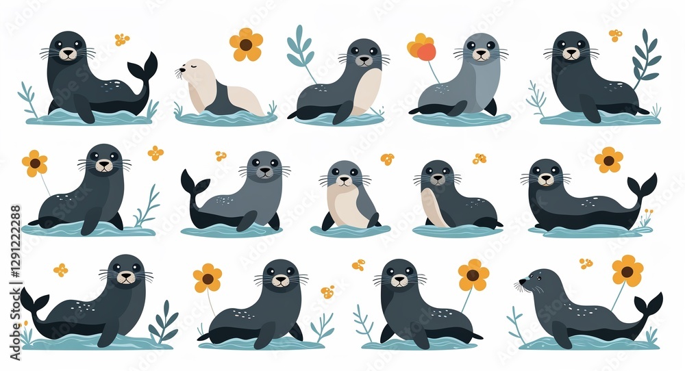 Obraz premium Set bundle of sea lion minimalist childish style illustration on plain white background