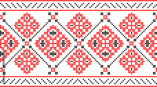 Traditional Ukrainian embroidery pattern with cross-stitch elements. Folk ornamental design inspired by authentic Ukrainian vyshyvanka motifs, perfect for textiles, backgrounds