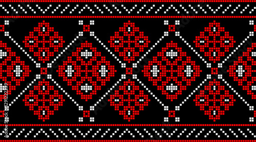 Traditional Ukrainian embroidery pattern with cross-stitch elements. Folk ornamental design inspired by authentic Ukrainian vyshyvanka motifs, perfect for textiles, backgrounds