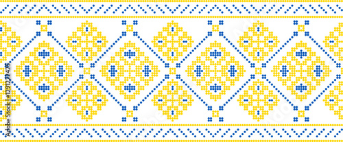 Traditional Ukrainian embroidery pattern with cross-stitch elements. Folk ornamental design inspired by authentic Ukrainian vyshyvanka motifs, perfect for textiles, backgrounds