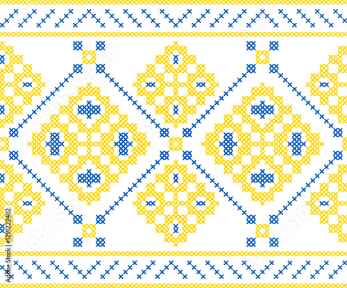 Traditional Ukrainian embroidery pattern with cross-stitch elements. Folk ornamental design inspired by authentic Ukrainian vyshyvanka motifs, perfect for textiles, backgrounds