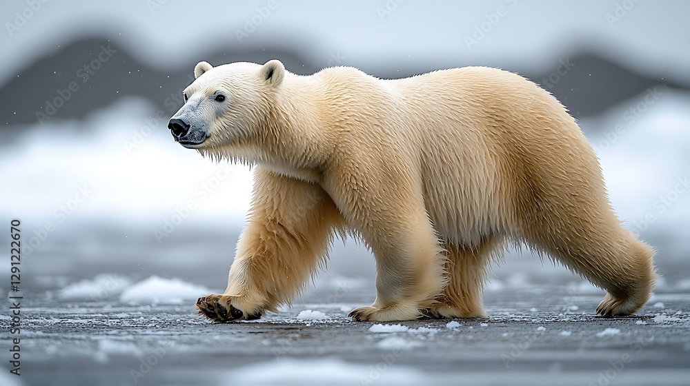 Arctic Polar Bear Walking on Ice, Snow Flurries Background Arctic Polar Bear Walking on Ice, Snow Flurries Background