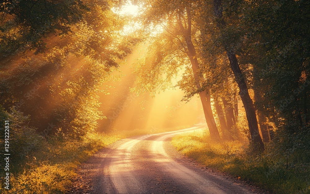 Obraz premium Warm golden rays shining on a peaceful country road