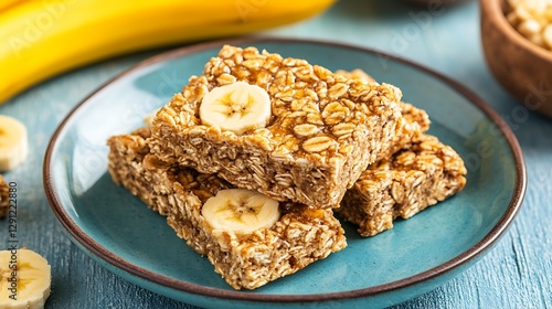 Granola bars with banana slices on a blue plate, oatmeal, blurry wooden background, healthy snack