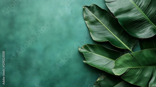 Green banana leaves on textured green background, nature-themed design, natural, calming, decor