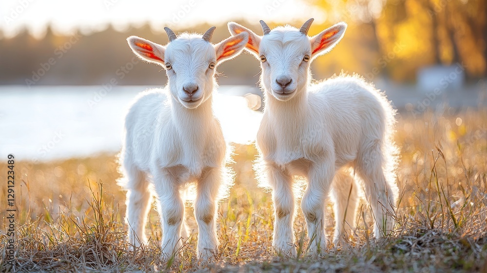 Two adorable white goat kids standing side by side in a sunlit grassy area near a tranquil body of water during golden hour Two adorable white goat kids standing side by side in a sunlit grassy area near a tranquil body of water during golden hour