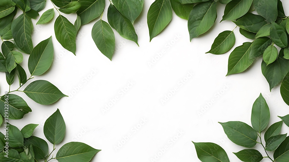 Green leaves on a white background creating a natural border for a design or text space Green leaves on a white background creating a natural border for a design or text space