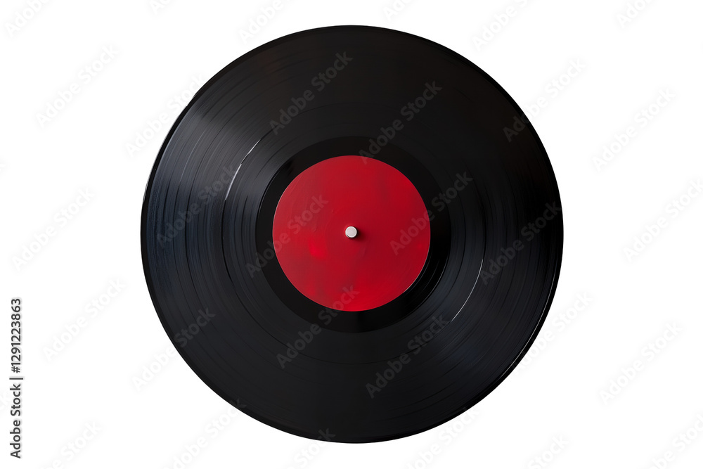 Classic black vinyl record with red label isolated on transparent background symbolizing retro music nostalgia and analog sound, png Classic black vinyl record with red label isolated on transparent background symbolizing retro music nostalgia and analog sound, png