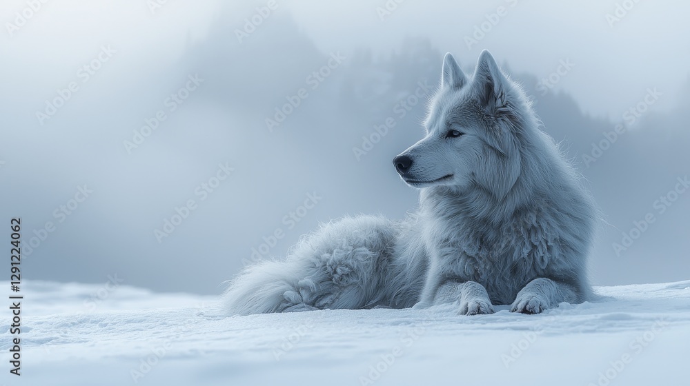 Obraz premium A serene snowy landscape featuring a majestic Samoyed dog resting gracefully against a backdrop of misty mountains