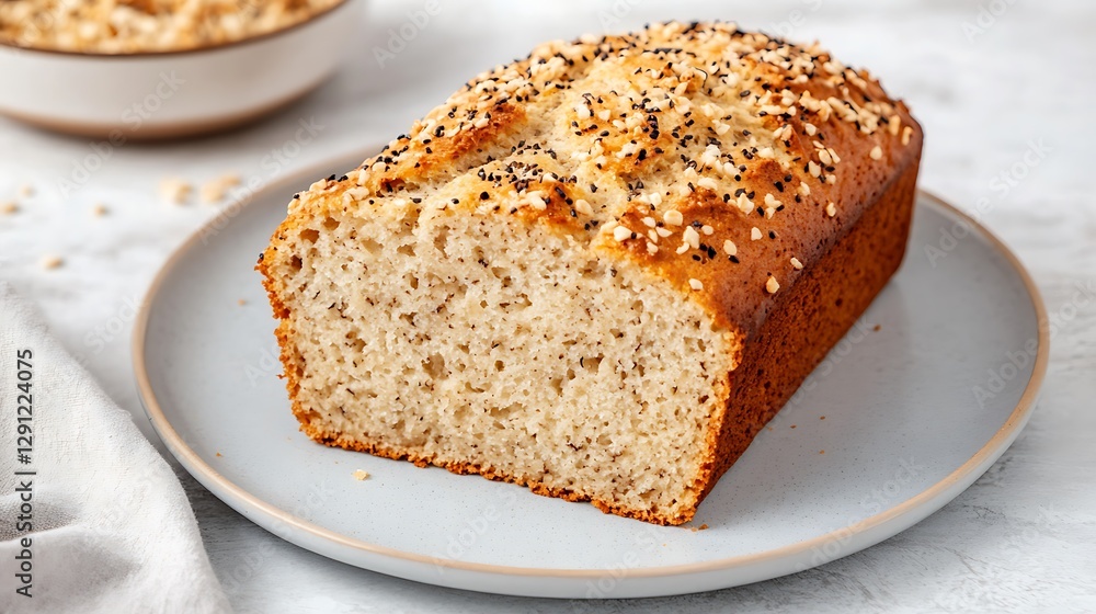 Half-slice of homemade loaf cake on plate w/grains bowl backdrop. Baked, for nutrition blog Half-slice of homemade loaf cake on plate w/grains bowl backdrop. Baked, for nutrition blog