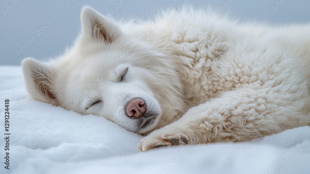 Obraz premium A peaceful white dog sleeping on a snowy surface, capturing the serenity and beauty of winter in a tranquil moment.