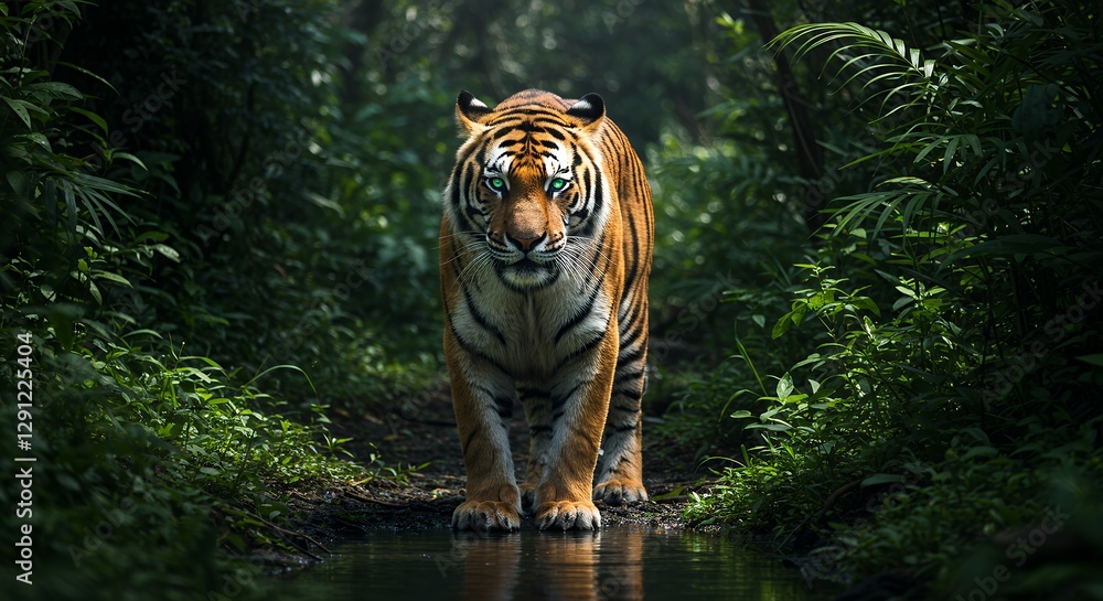 Fototapeta premium Tiger with glowing eyes approaches through a jungle stream