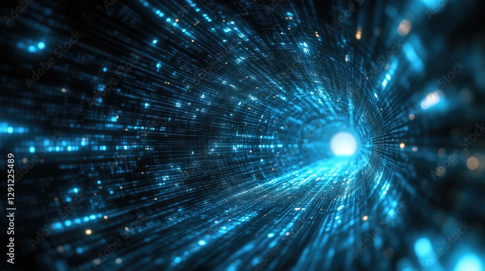 Abstract digital tunnel with glowing blue particles, creating a sense of depth and movement in a futuristic design. Abstract digital tunnel with glowing blue particles, creating a sense of depth and movement in a futuristic design.