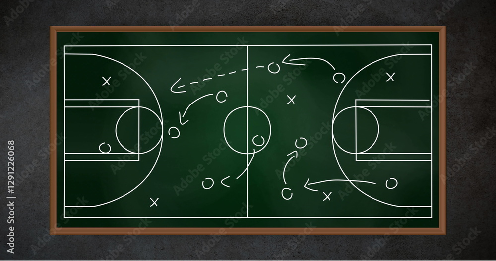 Fototapeta premium Basketball strategy diagram with player positions and movements image on chalkboard